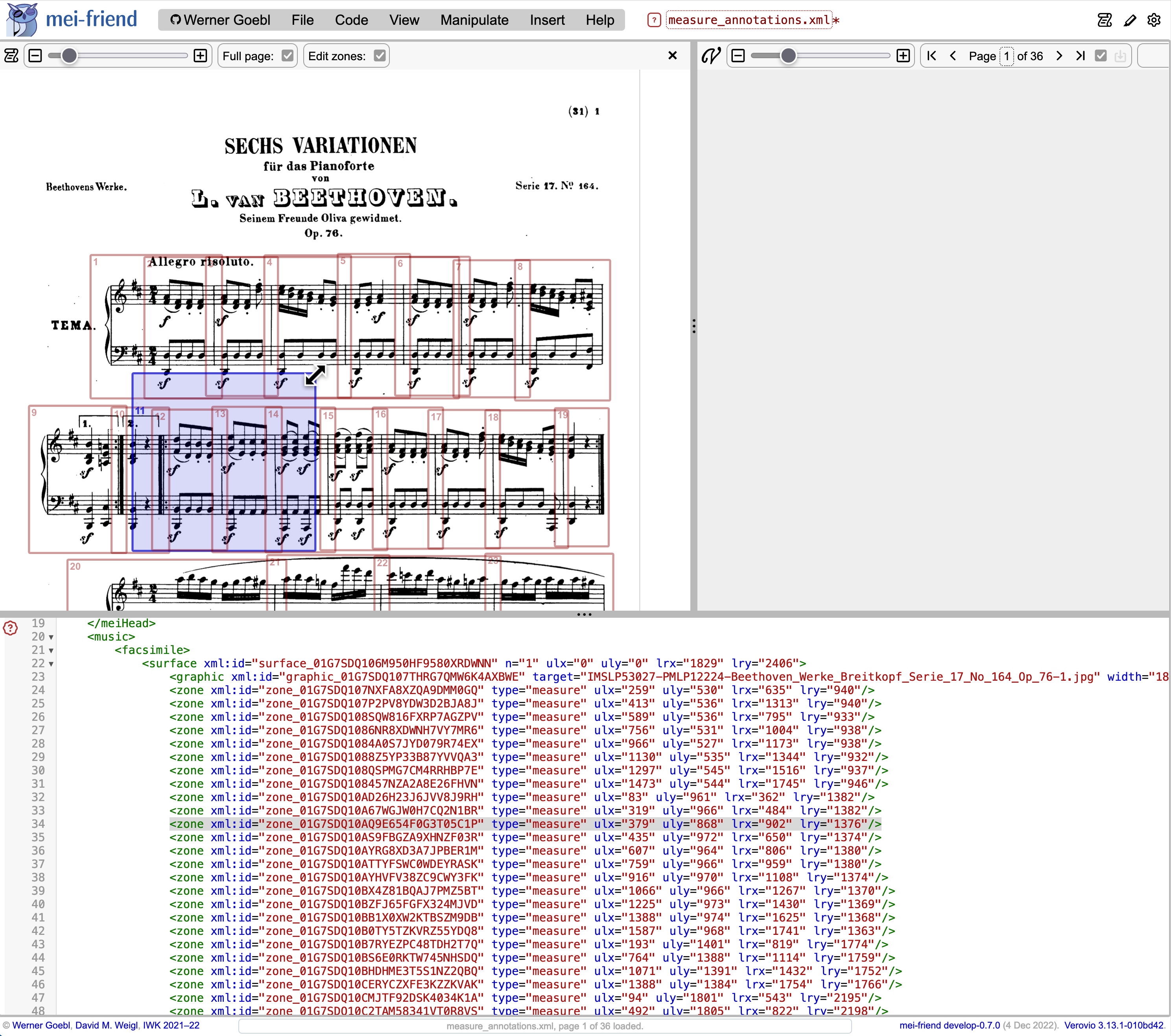 Screenshot of an MEI skeleton file while resizing a zone