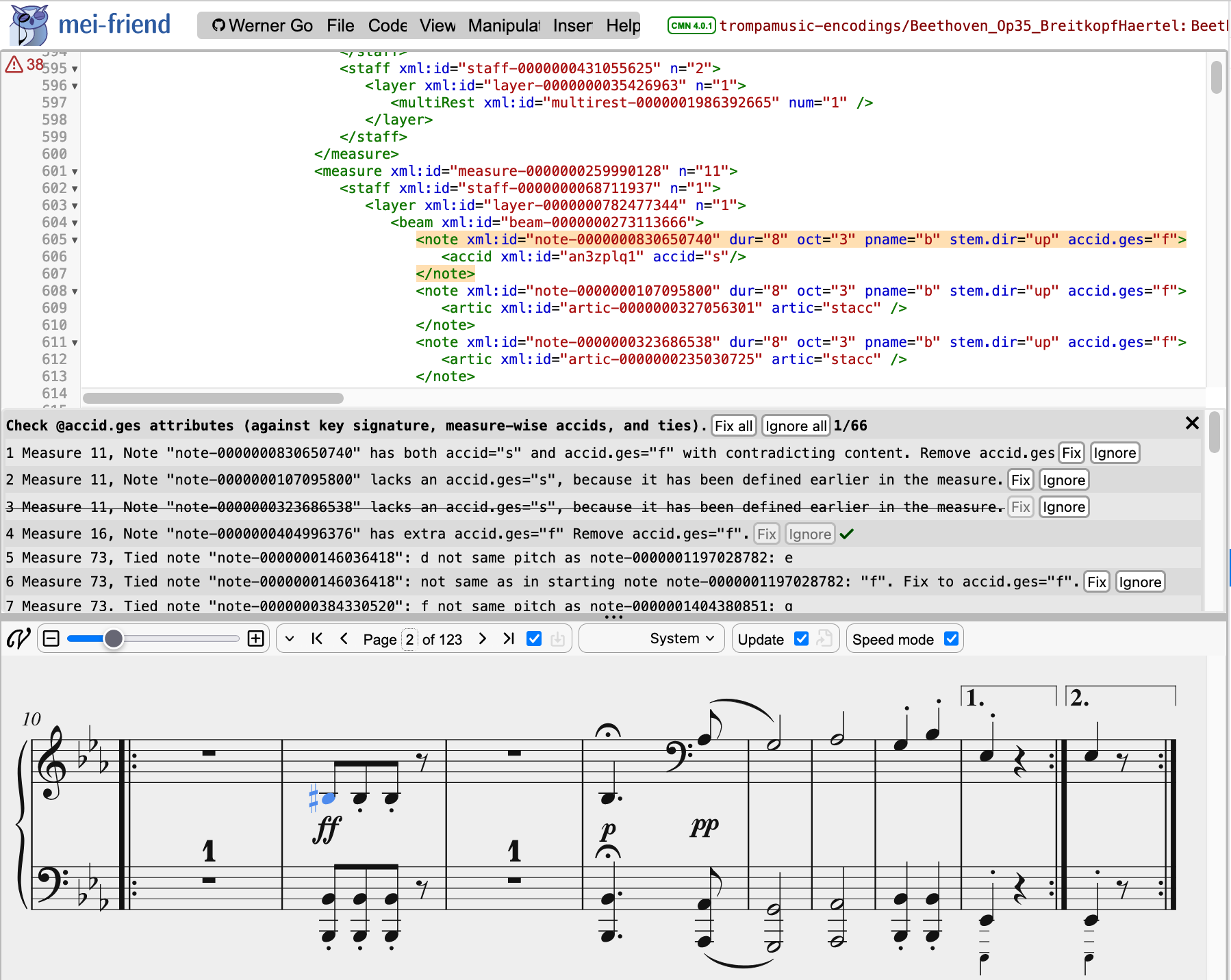 Code checker panel with accid.ges report