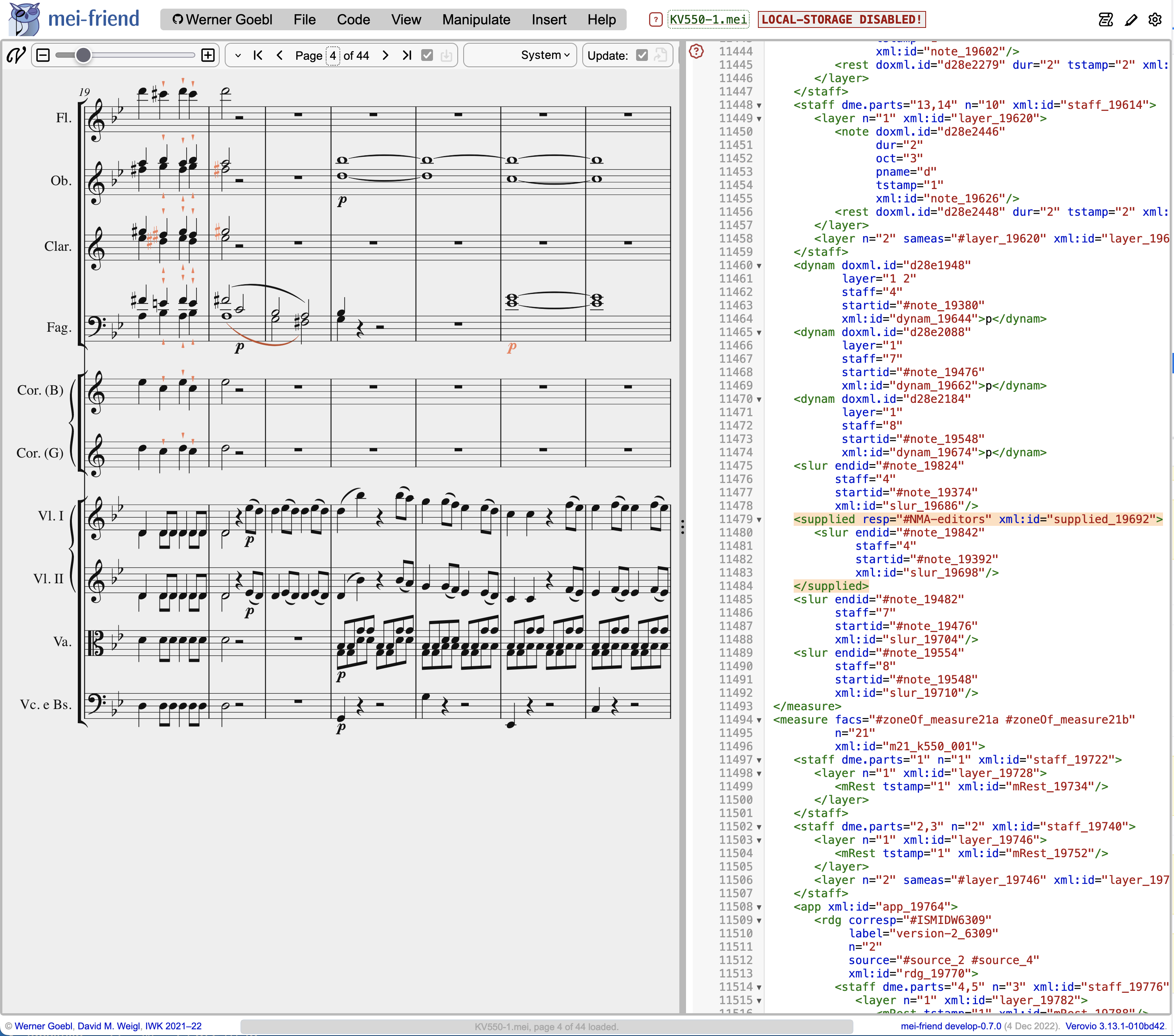 Highlighted supplied elements in an excerpt by the Digital Interactive Mozart Edition.