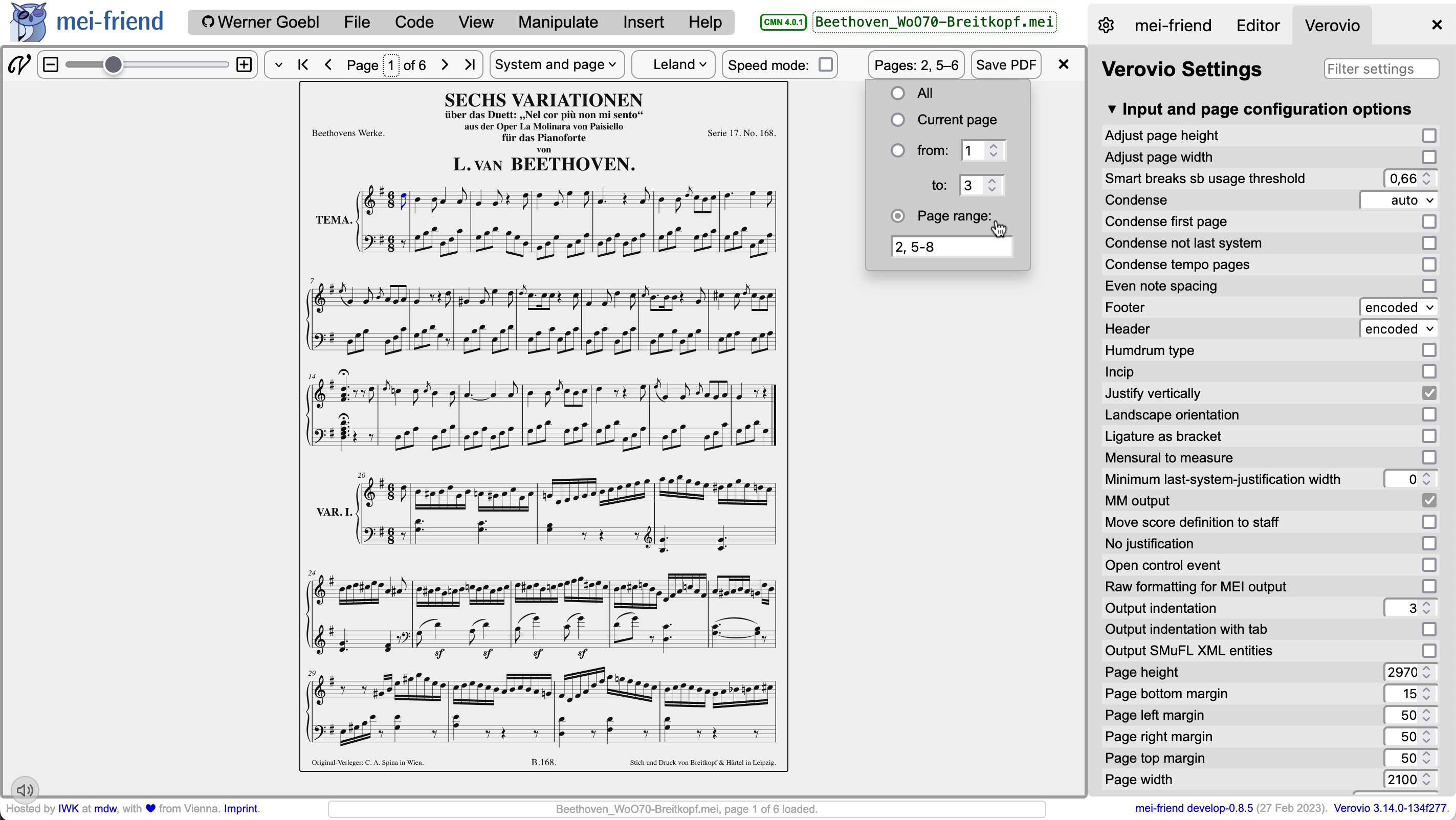Screenshot of mei-friend in preview PDF mode, showing the notation in full page alongside the settings panel to adjust the details of the preview.