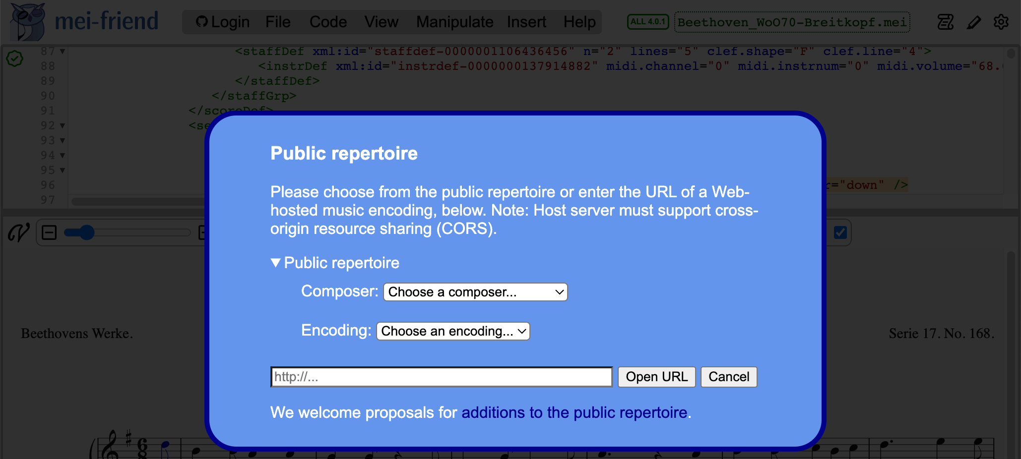 Screenshot of mei-friend public repertoire and open URL dialog