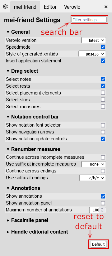 Settings panel