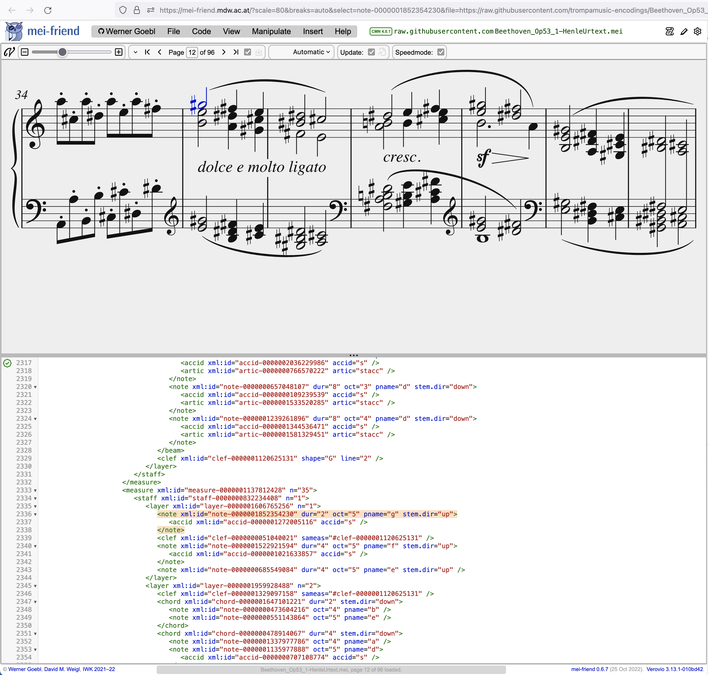 Screenshot with the first note of the secondary theme highlighted.