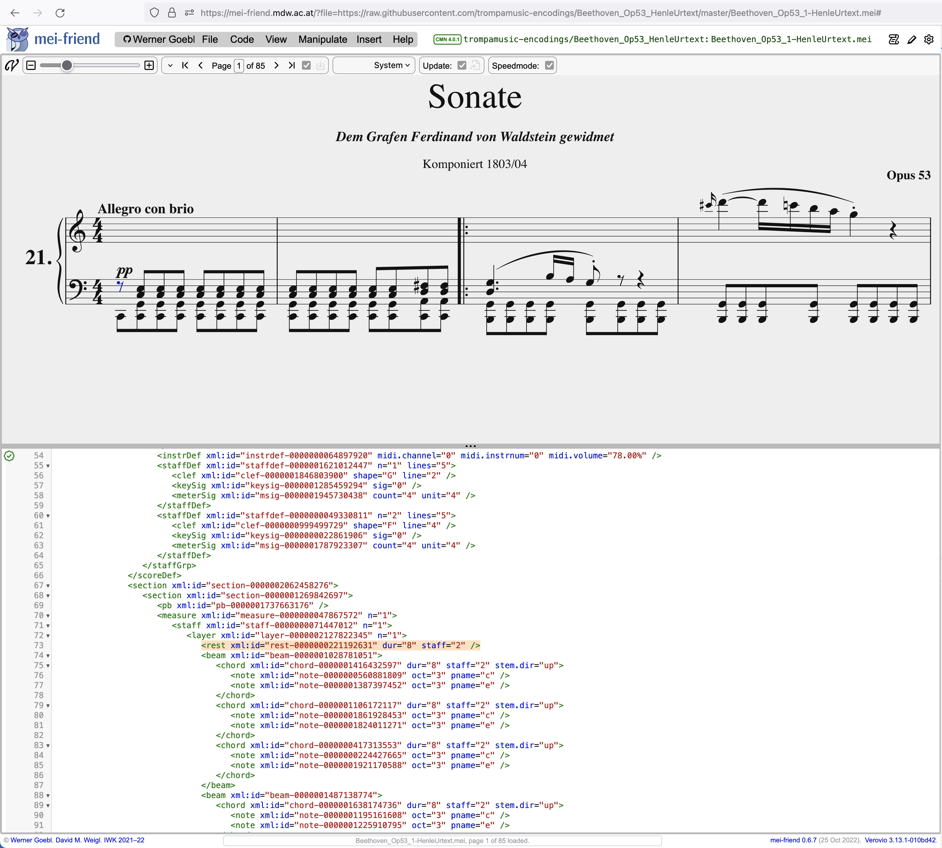 Screenshot of the first movement of Beethoven's Op. 53, following Breitkopf und Härtel's complete edition.